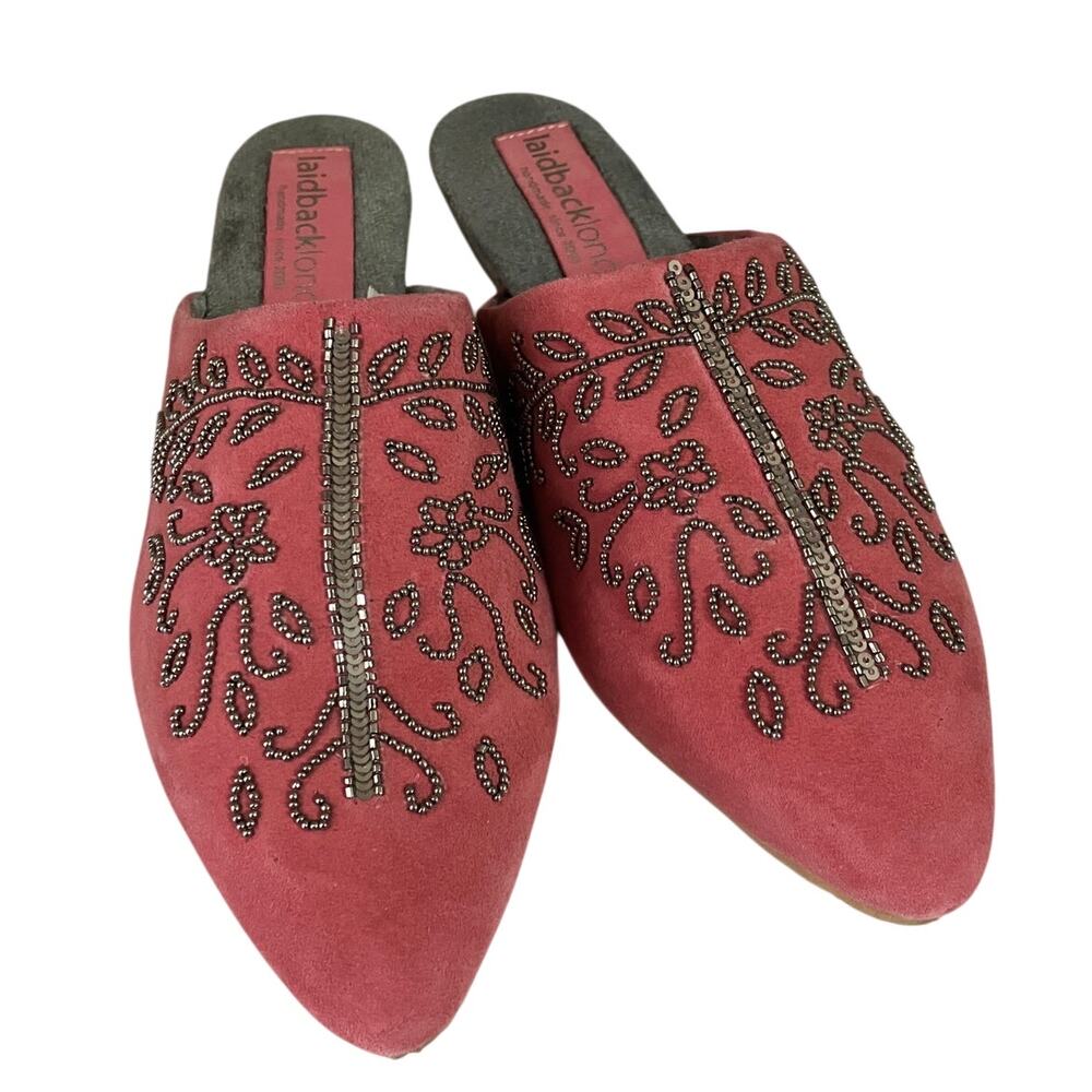 Laidback London Beaded Suede Mule Slides Pink Silver EU 37 US 6.5–7‎